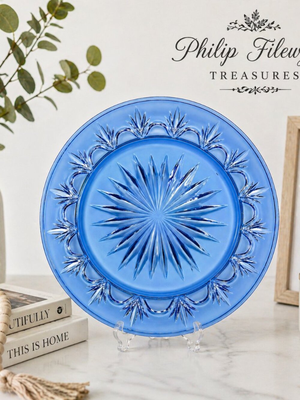 DP-05-Vintage Blue Glass Plate Starburst Pattern Retro Table Decor Collectible S - Picture 7 of 10